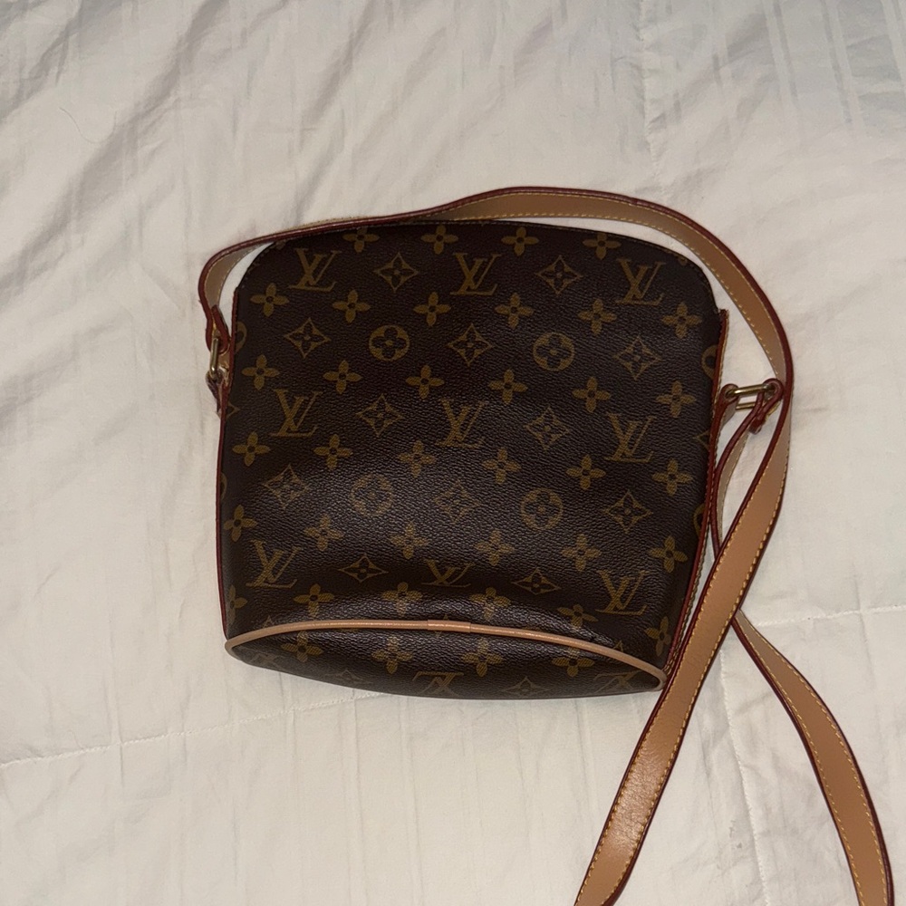 Designer inspired Monogram Crossbody in Dark Brown with Tan Trim